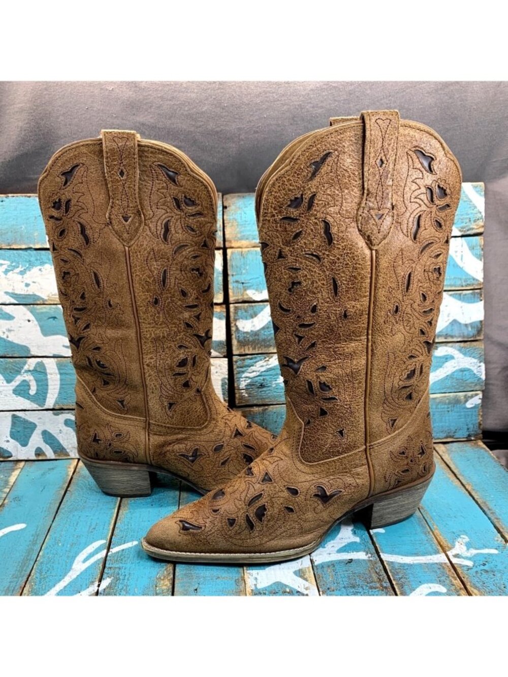 Laredo Miranda Southwestern Inlay Distressed Leather Cowboy Boots Womans Sz 7M